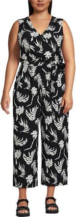 Lands End Plus Size Sleeveless Creaseless Wrap Jumpsuit in Black Tropic Floral at Nordstrom, Size 26W