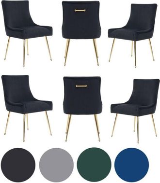 Life Interiors Set of 6 Black Viviana Velvet Dining Chairs with Gold Legs and Ring Handle - Modern Upholstered Accent Chair