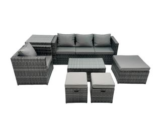 Fimous Outdoor Coffee Table Sofa Set with Side Table Stool 2 Small Footstools in Dark Grey