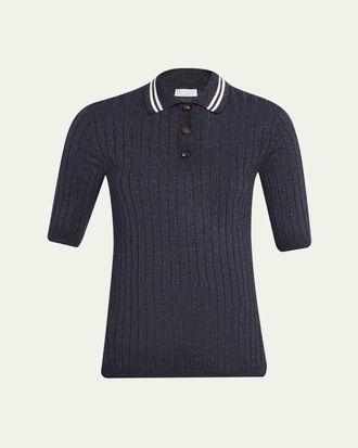 Brunello Cucinelli Shimmering Cashmere Rib Short-Sleeve Polo Sweater