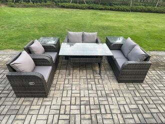Fimous Rattan Outdoor Furniture Garden Dining Set Rectangular Table & Chair Sofa Set With 2 PC Side Tables Dark Grey Mixed