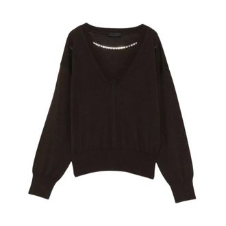 Liu Jo Wol V-hals Trui met Strass Ketting - Dames - Truien - Bruin - Maat: M Wol