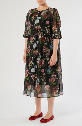 Marina Rinaldi Kaki Floral Print Voile Midi Dress in Black at Nordstrom, Size 20W