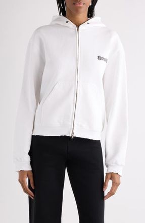 Balenciaga Medium Fit Salon de Couture Distressed Full Zip Fleece Graphic Hoodie in 9000 White at Nordstrom, Size X-Small