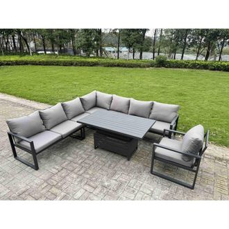 Fimous Aluminum 7 Piece 8-Seater L-Shaped Set with Lifting Table in Dark Grey