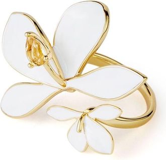 Shanghai Tang Ginger Flower enamel ring - women - Gold Plated Brass/Enamel/Crystal - One Size - White