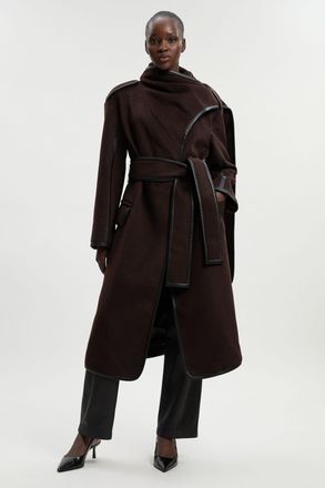Karen Millen Womens Brushed Wool Pu Mix Scarf Neck Belted Tailored Maxi Coat - Chocolate - Size 10 UK