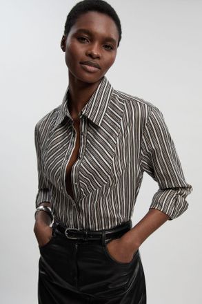 Karen Millen Womens Poplin Stripe BIb Woven Shirt - Black Cotton - Size 16 UK