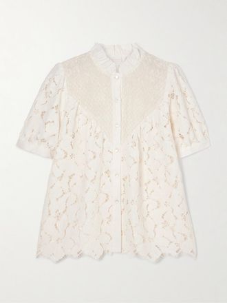 Loretta Caponi Blusa In Pizzo Guipure Con Finiture In Cotone A Punto Smock E Ruches Iole - Bianco sporco