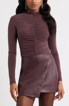Open Edit Shirred Mock Neck Top in Burgundy Fudge at Nordstrom, Size Xx-Small