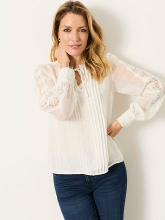 Fat Face FatFace Florence Ivory Petite Sheer Dobby Lace Trim Blouse