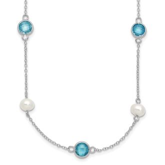 Diamond2Deal Sterling Silver Blue Pineapple-cut Cubic Zirconia & Cultured Pearl 9 Station Necklace 18