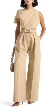 Mani&egrave;re De Voir Valerie Tailored Off Shoulder Jumpsuit With Belt in Beige at Nordstrom, Size 10