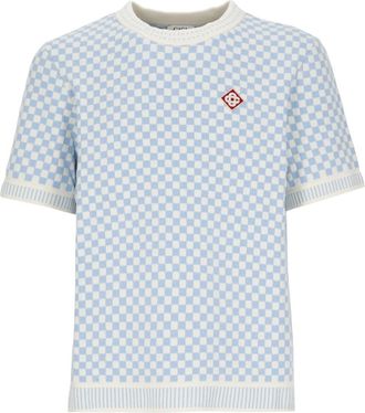 Casablanca Gebreid T-shirt met ruitpatroon - Heren - Ronde hals truien - Blauw - M - Katoen - Truien & Vesten