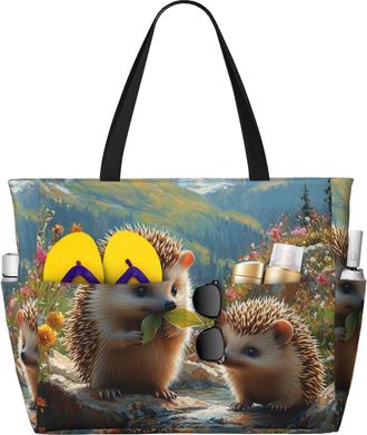 Generic Cute Hedgehog Print Large Beach Bag Foldable Travel Shoulder Tote Bag With Pocket For Weekender Pool Vacation