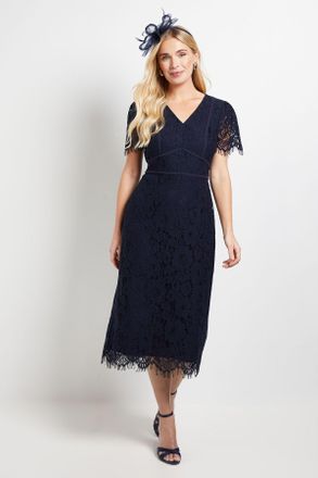 Wallis Womens Petite Lace Seam Detail Pencil Midi Dress - Navy Polyamide - Size 14 UK