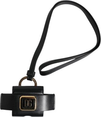 Dolce & Gabbana Mens Black Leather Strap Gold Metal Logo Plaque Airpods Case Accessory