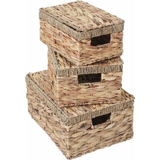 Hhg Hhg - Juego De 3 Cajas De Almacenaje 209, Caja Cofre Con Tapa, Jacinto De Agua Color Natural