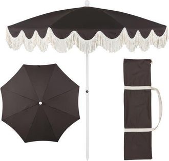 Jonathan Y Designs Mariner 6.5 ft. Classic Cottage Fringe Tassel Market Beach Umbrella with Push Button Tilt in Black - White Pole at Nordstrom