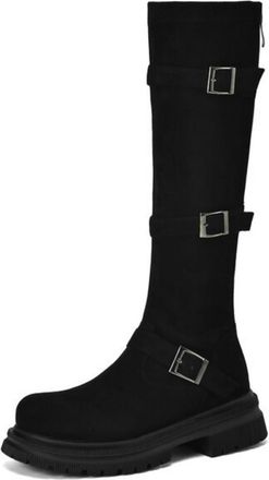 Generic Womens Round Toe Combat Long Boots with Buckle PU Leather Knee High Boots with Zipper Low Block Heel Platform Boot,Black2,6.5 UK