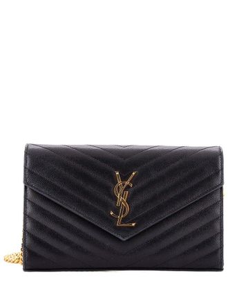 Saint Laurent Black Matelasse Chevron Leather Classic Monogram Wallet On Chain Medium (Authentic Pre-Loved)