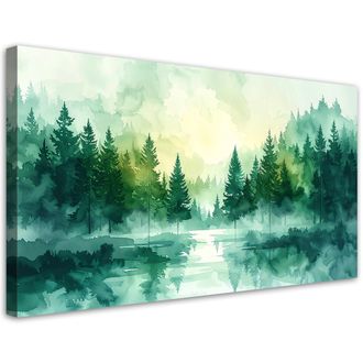 Feeby Cuadro Sobre Lienzo, Paisaje De Bosque Verde Naturaleza En Estilo Escandinavo Boho, 120x60