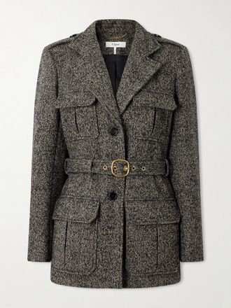 Chlo&eacute; Giacca In Misto Lana A Spina Di Pesce Con Cintura - Marrone