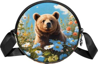 Generic Circle Crossbody Bag for Women, Bear Flower Small Sling Bag Daypack with Zipper Adjustable Shoulder Straps Casual Ladies Girls Round Purse