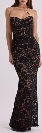 House of CB Solaine Lace-Up Strapless Lace Corset Gown in Black And Blush at Nordstrom, Size X-Large A