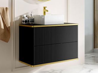 Vente-Unique Mobile per bagno sospeso con scanalature con profilo Dorato e lavabo da appoggio Nero 80 cm - KELIZA