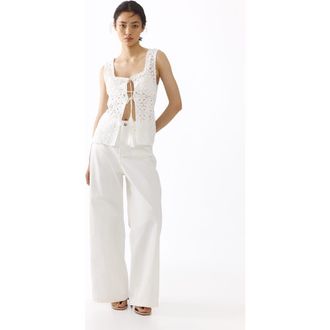 H&M Tie-front Pointelle-knit Top in Cream at Nordstrom, Size Xx-Small
