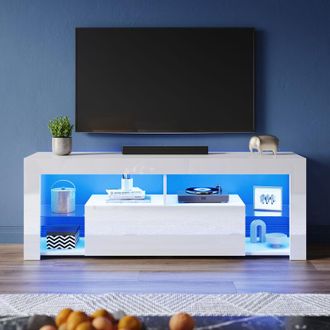 Elegant Lighting High Gloss tv Stand with led Lights, Floor Stand tv Unit with Open Glass Shelves and Flip-Down Door Compartment, White, 1400x350x505mm - Elegant
