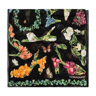 Ferragamo Silky Scarves, female, Black, Size: ONE SIZE Silk Scarf with Floral Motif