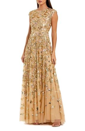 Mac Duggal Womens Sequined High Neck Cap Sleeve A Line Gown in Gold Multi at Nordstrom, Size 10