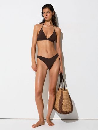 Reiss Chocolate Brown Fixed-side Thong Bikini Bottoms, 14