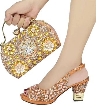 Generic Womens Wedding Bride Luxury Thick Heel Shoes and Evening Handbag Matching Set with Sparkly Rhinestone Flower Orange