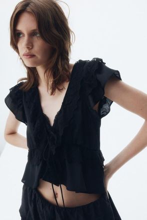 H&M Flounce-trimmed Satin Blouse in Black at Nordstrom, Size X-Small