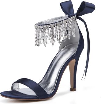 Generic Womens Heels Satin Wedding Bridal Ankle Strap High Heels 10.5Cm Open Toe Prom Evening Formal Party Stiletto Sandals,Dark Blue,7 UK