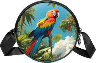 Generic Circle Crossbody Bag for Women, Cute Parrot Small Sling Bag Daypack with Zipper Adjustable Shoulder Straps Casual Ladies Girls Round Purse