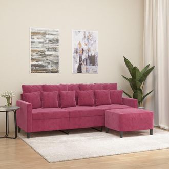 vidaXL Vidaxl - Sof&aacute; De 3 Plazas Con Taburete De Terciopelo Rojo Tinto 180 Cm