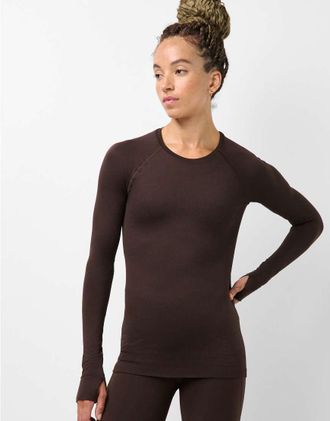 Sweaty Betty top a maniche lunghe testurizzato senza cuciture con linee lineari, marrone espresso