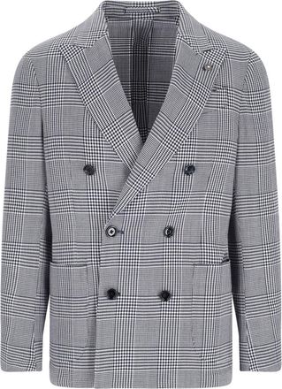 Lardini Grey Pied De Poule Double-Breasted Wool-Blend Blazer