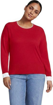 Lands End Plus Size Double Trim Cotton Crew Neck Sweater in Compass Red/white at Nordstrom, Size 1X