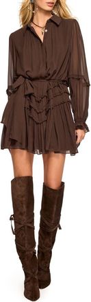 Ramy Brook Maya Ruffle Detail Long Sleeve Silk Mini Shirtdress in Heritage Brown at Nordstrom, Size Xx-Large