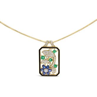 House of Brilliance 18K Yellow Gold 2 1/3 Cttw Diamond, Sapphire, and Emerald Dog Tag with Dolphin Silhouette Convertible Pendant