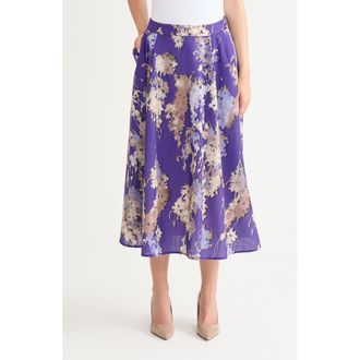 Misook Floral Print Cr&ecirc;pe de Chine Midi Skirt in Purple Multi at Nordstrom, Size Large