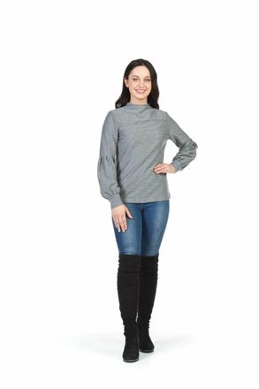 Papillon Ribbed High Neck Puff Sleeve Sweater In Grey
