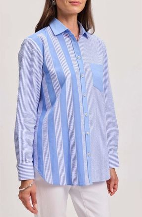 Foxcroft Mix Stripe Boyfriend Shirt in Blue Multi at Nordstrom, Size X-Large