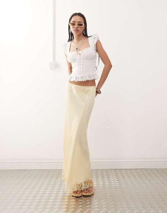 Reclaimed Vintage satin midi skirt with lace trim in buttermilk yellow-White