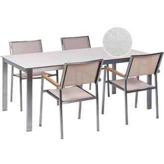Beliani Set da giardino con 4 posti in acciaio inox con tavolo piano in vetro bianco e Sedie in tessuto beige Cosoleto/Grosseto